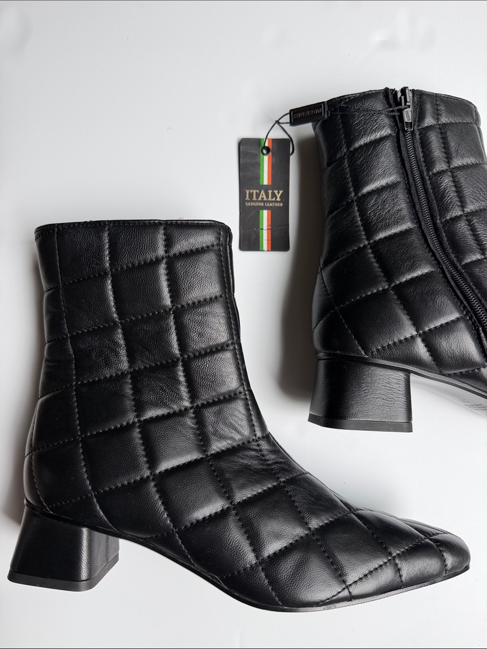 Made In Italy Black Quilted Leather Ankle Boots Square Toe Block Heel Size 39 - Picture 5 of 16